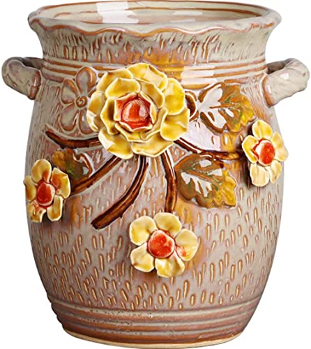 kazeRyu Handgefertigter Keramik-Übertopf Mit Drainageloch – Retro-Topf Mit Doppelgriff Und 3D-Relief for Heim- Und Gartendekoration(Yellow) von KazeRyu