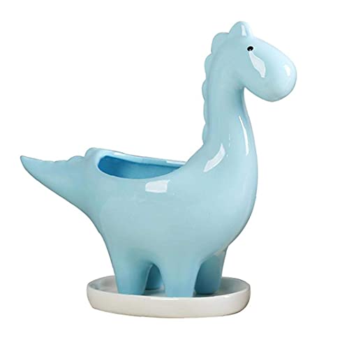 kazeRyu Keramik-Sukkulenten-Übertopf Mit Dinosaurier-Motiv Und Tablett | Niedlicher Cartoon-Kaktustopf Als Dekoration for Zuhause Und Büro(Blue) von KazeRyu