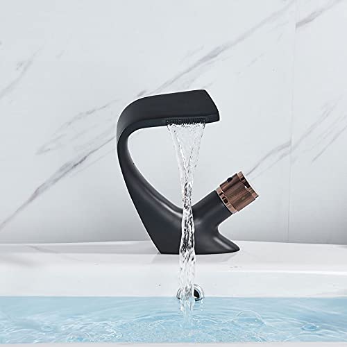 kazeRyu Moderner Waschtischmischer Aus Schwarzem Messing – Deckmontage, Schlichtes Design, Heiß-Kalt-Wasserhahn Mit Wasserfall(Black a) von KazeRyu