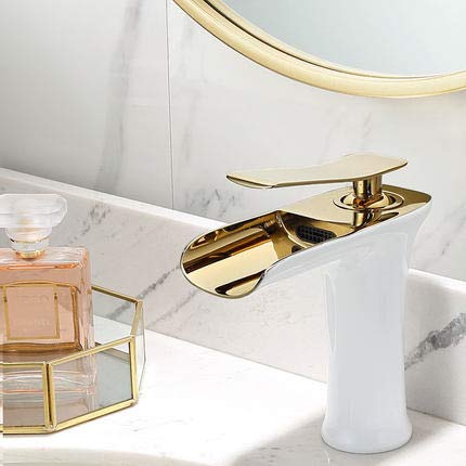 kazeRyu Waschtischarmatur Aus Messing In Gold Und Weiß – Wasserfall, Heiß Kalt For Badezimmerwaschbecken(Short White Gold) von KazeRyu
