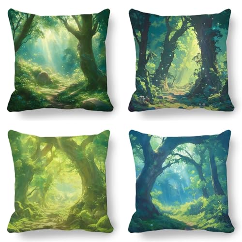 Kissenbezug 40x40 Leinen 4er Set, Wasserdichter Kissenbezug Grün Outdoor Kissen Sommer Herbst, Superweicher Premium und Hypoallergen Kopfkissenbezug, Sofakissen Polsterbezug Deko Kissen Wald K-913 von Kazhxnng