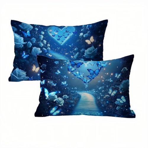 Schmetterling Kissenbezug 40 x 80 Samt 2er Set, Wasserdichter Kissenbezug Blau für Alle Jahreszeiten, Kissenbezüge 40x80 Kissenhüllen für Schlafzimmer & Sofa & Garten, Weich & Hautfreundlich K2-213 von Kazhxnng