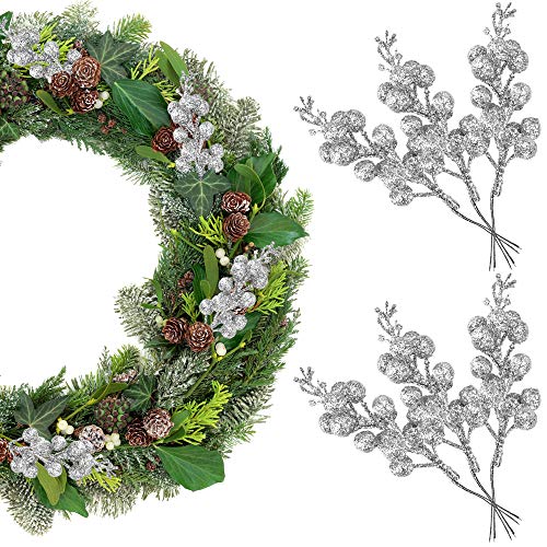 KBNIAN 14 Stücke Mini Weihnachts Silber Künstliche Beeren Deko,Künstliche Stechpalmenbeeren Frosted Holly Beere, für Weihnachtshandwerk, Weihnachtsbaum und Weihnachtskranzdekoration (Silber) von KBNIAN