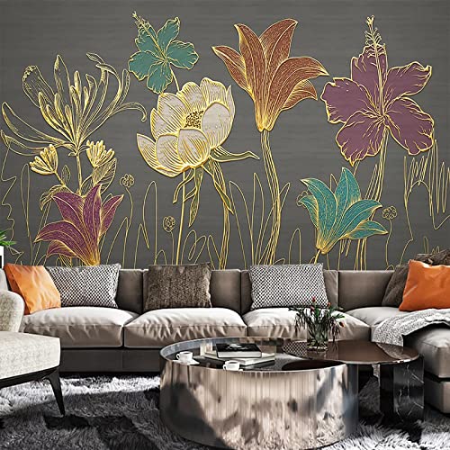 Individuelle 3D-Wandtapete, goldfarbene geprägte Blumenblätter, modernes Wohnzimmer, Esszimmer, Hintergrund-Fototapete, 350 x 245 cm von Kbsmx