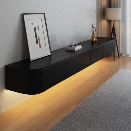 Kchsdool Modernes Hängendes TV Lowboard mit LED-Beleuchtung, Wandmontierte TV-Kommode aus Massivholz mit Schubladen und Regalen, Medienkonsole für Wohnzimmer (Black+LED, 140CM) von Kchsdool