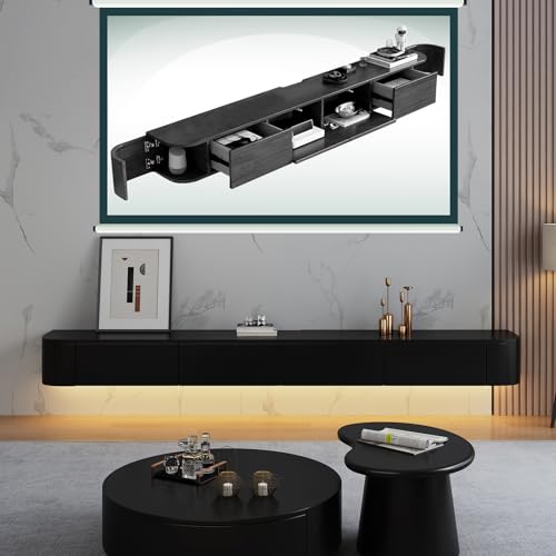 Kchsdool Modernes Hängendes TV Lowboard mit LED-Beleuchtung, Wandmontierte TV-Kommode aus Massivholz mit Schubladen und Regalen, Medienkonsole für Wohnzimmer (Black-B+LED, 140CM) von Kchsdool