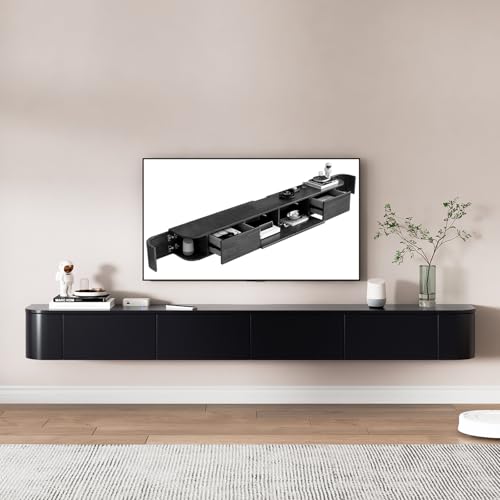 Kchsdool Modernes Hängendes TV Lowboard mit LED-Beleuchtung, Wandmontierte TV-Kommode aus Massivholz mit Schubladen und Regalen, Medienkonsole für Wohnzimmer (Black-B, 180CM) von Kchsdool