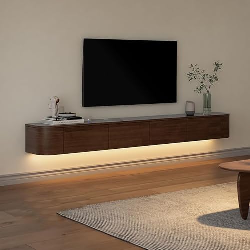 Kchsdool Modernes Hängendes TV Lowboard mit LED-Beleuchtung, Wandmontierte TV-Kommode aus Massivholz mit Schubladen und Regalen, Medienkonsole für Wohnzimmer (Braun+LED, 240CM) von Kchsdool