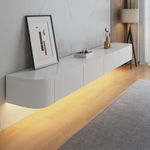 Kchsdool Modernes Hängendes TV Lowboard mit LED-Beleuchtung, Wandmontierte TV-Kommode aus Massivholz mit Schubladen und Regalen, Medienkonsole für Wohnzimmer (White+LED, 240CM) von Kchsdool