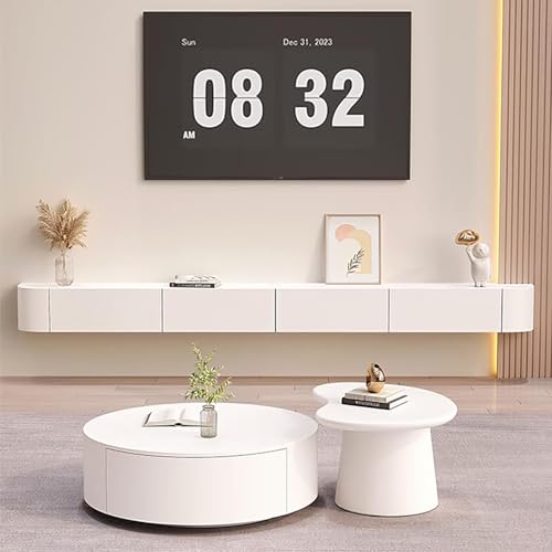 Kchsdool Modernes Hängendes TV Lowboard mit LED-Beleuchtung, Wandmontierte TV-Kommode aus Massivholz mit Schubladen und Regalen, Medienkonsole für Wohnzimmer (White, 140CM) von Kchsdool