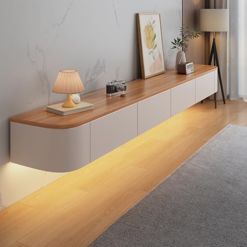 Kchsdool Modernes Hängendes TV Lowboard mit LED-Beleuchtung, Wandmontierte TV-Kommode aus Massivholz mit Schubladen und Regalen, Medienkonsole für Wohnzimmer (Wood White+LED, 140CM) von Kchsdool