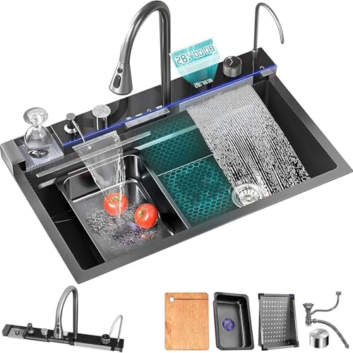 Schwarze Küchenspüle aus Edelstahl 304, Unterbau-/Einbauspüle mit Wasserfall, Einzelbecken, Küchenspüle, Arbeitsstationsspüle mit ausziehbarem Wasserhahn und Zubehör (Wal, 75CM) von Kchsdool