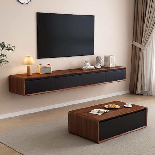 Schwebender TV-Ständer mit 2 Schubladen, an der Wand montiertes Medienkonsolenregal aus Eichenholz zur Aufbewahrung im Wohnzimmer oder Schlafzimmer (Walnut+Black, 240CM) von Kchsdool