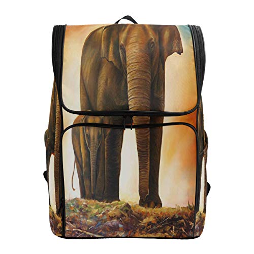 Family Elefant Ölgemälde Schulrucksack Wasserdicht Schultertasche Gym Rucksack Tier Orange Laptop Tasche Outdoor Reisetasche für Kinder Damen Herren von Kcldeci