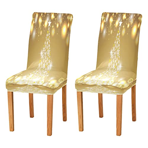 Glitzernde goldene Weihnachts-Stuhlhussen für Esszimmer, Stuhlhussen im 4er-Set, Weihnachtsbaum, abnehmbare Stretch-Stuhlhussen, Schutz, Spandex, waschbar, Küchenstuhlbezug für Esszimmer von Kcldeci