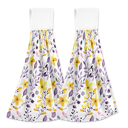 Hängende Küchenhandtücher Blumen Geschirrtücher Sets mit Schlaufe Gelb Lila Blume Wildblumen Handtücher Küche Krawatte Handtuch 2 Stück von Kcldeci