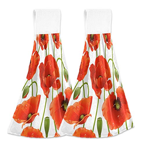 Hängende Küchenhandtücher Mohnblumen-Geschirrtücher Sets mit Schleife Mohnblumen Blumen Handtücher Küche Krawatte Handtuch 2 Stück von Kcldeci