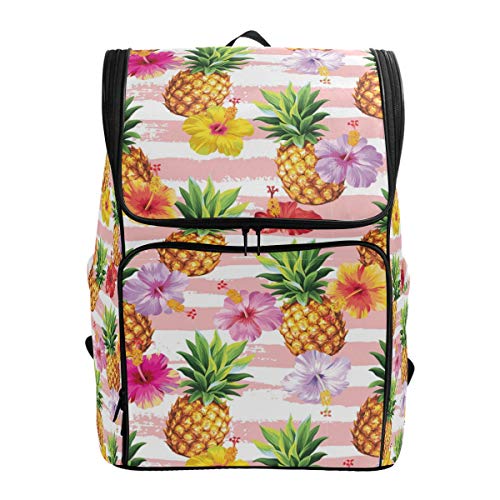 Hawaiianische Ananas Schulrucksack Wasserdicht Schultertasche Gym Rucksack Hibiskus Blumen gestreift Laptop Tasche Outdoor Reisetasche für Damen Herren von Kcldeci