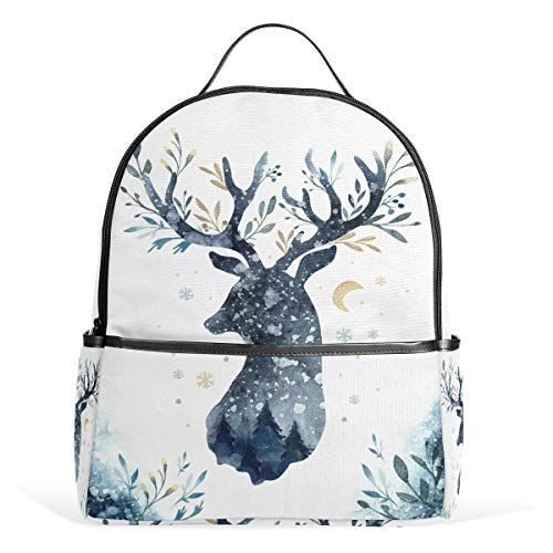 Hirsch Rentier Mond Blätter Rucksack Wasserdicht Schulter Buch Tasche Gym Rucksack, Blau Tier Pflanze Tasche Casual Day Pack Outdoor Reise Sport Tasche für Damen Herren von Kcldeci