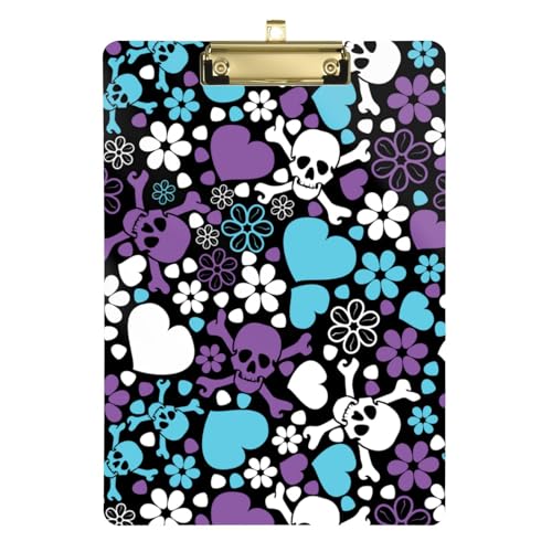 Kcldeci Acryl-Klemmbretter mit Blumen und Totenköpfen und Herzen, Standard-A4, Briefgröße, Klemmbrett für Klassenzimmer, Schule und Büro, für Kinder, Studenten, Lehrer, Silber, 30,5 x 22,9 cm von Kcldeci