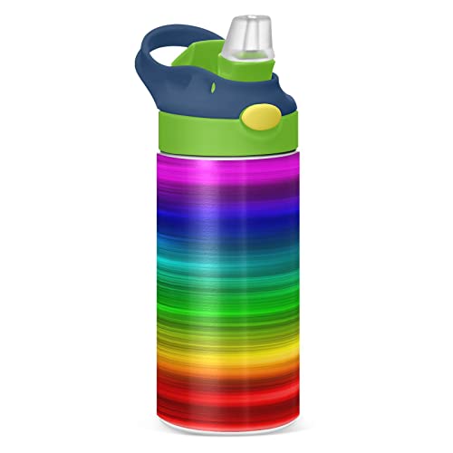 Kcldeci Kinder-Trinkflasche mit Strohhalmdeckel, vakuumisoliert, Edelstahl, horizontale Regenbogenfarbene Streifen, doppelwandiger Becher, Reisebecher, Thermobecher, Metallkantine von Kcldeci