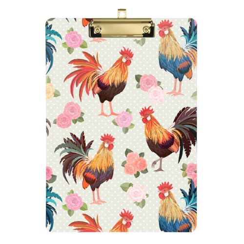 Kcldeci Niedliche Hahne und Rosen, Acryl-Klemmbretter, Standard-A4, Briefgröße, Klemmbrett für Klassenzimmer, Schule und Büro, für Kinder, Studenten, Lehrer, Silber, 30,5 x 22,9 cm von Kcldeci