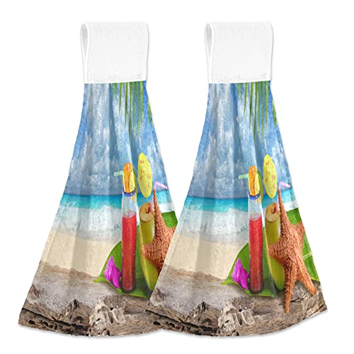 Küchentücher mit Aufhängeschlaufe, Kokosnuss Tropical Cocktail Seestern Karibik Strand Geschirrtücher für Küche Saugfähige Küchenhandtücher 2er Set von Kcldeci