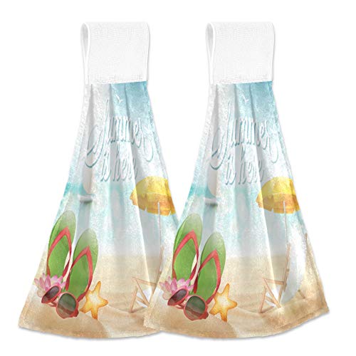 Küchentücher mit Aufhängeschlaufe Sommer Strand Flip Flop Seestern Blau Meer Geschirrtücher für Küche Saugfähige Küchenhandtücher 2er Set von Kcldeci