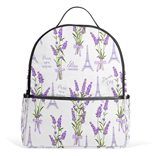 Lavendel Blume Eiffelturm Rucksack Wasserdicht Schulter Buch Tasche Gym Rucksack Paris Frankreich Tasche Casual Day Pack Outdoor Reise Sporttasche für Kinder Frauen Männer Mädchen Jungen von Kcldeci