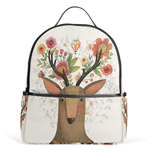 Niedlicher Hirschblumen-Rucksack, wasserdichte Schultertasche, Turnbeutel, Floral Aanimal Tasche, lässiger Tagesrucksack, Outdoor-Reise, Sporttasche für Damen und Herren von Kcldeci