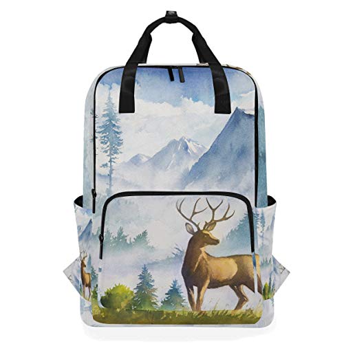 Rucksack, Landschaft, Berge, Hirsch, wasserdicht, für Schule, Schultertasche, Fitnessstudio, Rucksack, Bäume, Gras, Schnee, Laptoptasche, Outdoor, Reisetasche für Damen und Herren von Kcldeci