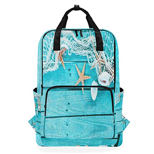 Seafish Muschel Schulrucksack Wasserdicht Schule Schultertasche Gym Rucksack Blau Holz Laptop Tasche Outdoor Reisetasche für Damen Herren von Kcldeci