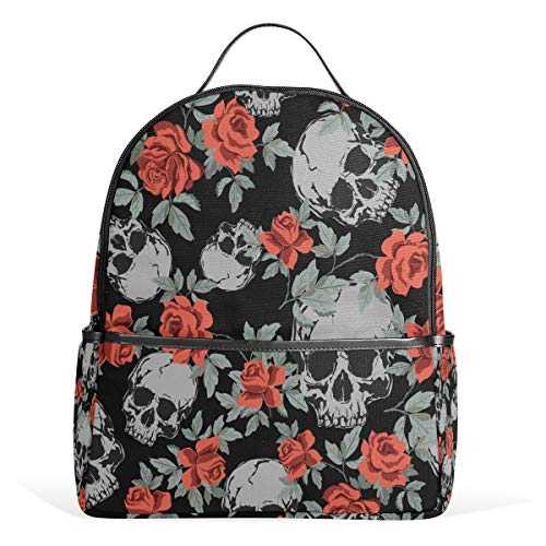 Totenkopf-Grunge-Menschenrucksack, wasserdicht, Schultertasche, Turnrucksack, schwarz, rote Blume, lässiger Tagesrucksack, Outdoor-Reise, Sporttasche für Damen und Herren von Kcldeci