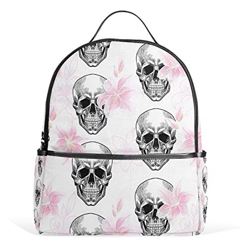 Totenkopf-Lilien-Rucksack, wasserdicht, Schultertasche, Turnbeutel, rosa Blume, lässiger Tagesrucksack, Outdoor-Reise, Sporttasche für Damen und Herren von Kcldeci