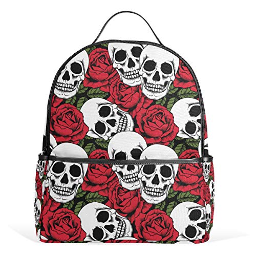 Totenkopf-Rosen-Rucksack, wasserdicht, Schultertasche, Turnbeutel, rote Blume, Tasche, lässiger Tagesrucksack, Outdoor-Reise, Sporttasche für Damen und Herren von Kcldeci