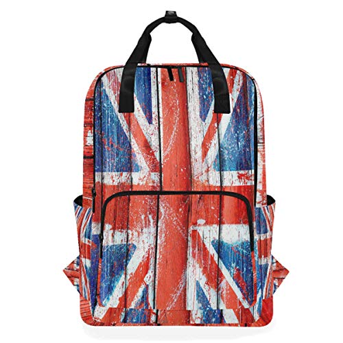 UK Flagge Holz Schulrucksack Wasserdicht Schule Schultertasche Gym Rucksack Blau Rot Laptop Tasche Outdoor Reisetasche für Damen Herren von Kcldeci