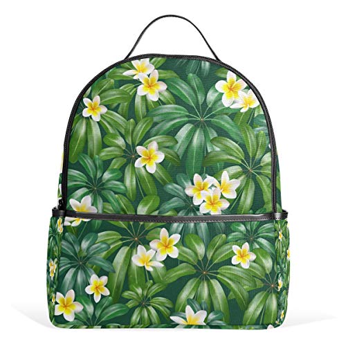 Weiße Plumeria-grüne Blätter, Schulrucksack, wasserdichte Schultertasche, Turnbeutel, Blumen-Design, lässiger Tagesrucksack, Outdoor-Reise, Sporttasche für Kinder, Damen, Herren von Kcldeci