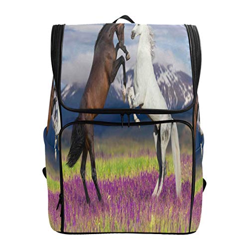 Zwei Pferde Aufzucht Schulrucksack Wasserdichte Schultertasche Gym Rucksack Lila Blume Tier Laptop Tasche Outdoor Reisetasche für Damen Herren von Kcldeci