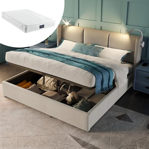 Kdtoll Polsterbett Doppelbett 160x200cm, Leselicht USB Ladefunktion Bett, Stauraumbett mit Matratze, Bettkasten und Lattenrost(Leinen, Beige) von Kdtoll