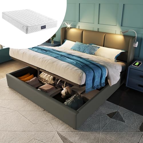 Kdtoll Polsterbett Doppelbett 160x200cm, Leselicht USB Ladefunktion Bett, Stauraumbett mit Matratze, Bettkasten und Lattenrost (Kunstleder, Grau) von Kdtoll