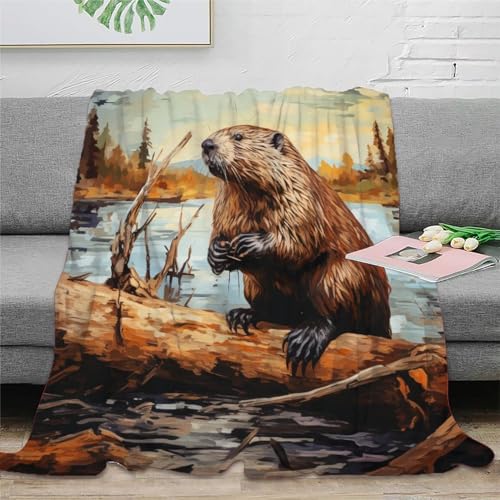 KeAan Biber Wild Tiere Decke, Weiches Plüsch-Flanell-Fleece-Überwurf, Decken Für Couch, Sofa, Bett, Wohnzimmer 50x60inch(127x152cm) von KeAan