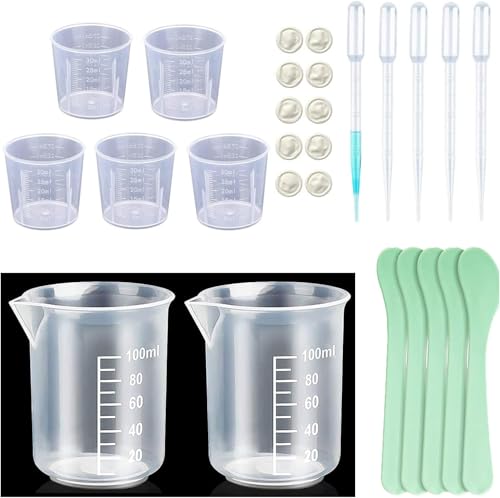 Messbecher Klein Set - 5 Stück 30ml Mini Messbecher, 2 Stück 100ml Plastik Mischbecher Epoxidharz Farbmischbecher mit 10 Rührstäbe,10 Transferpipetten und 10 Fingerlinge für Mischen Farben Epoxiden Messbecher Klein Set - 5 Stück 30ml Mini Messbecher, 2 Stück 100ml Plastik Mischbecher Epoxidharz Farbmischbecher mit 10 Rührstäbe,10 Transferpipetten und 10 Fingerlinge für Mischen Farben Epoxiden von KeCool