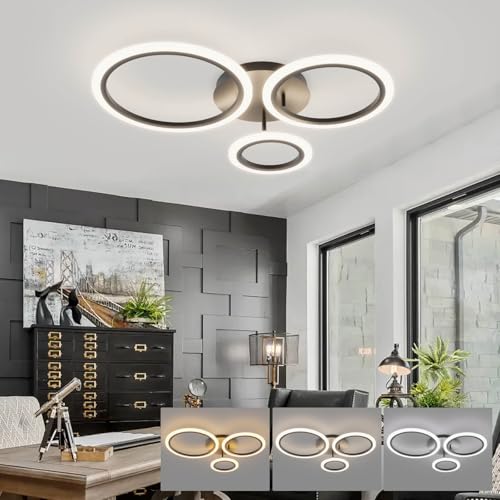 KeLuKes 59cm Moderne Led Deckenlampe Schlafzimmer, 3-Ring-Deckenlampen-Design, 46W Dimmbar Deckenleuchte mit Fernbedienung, 3000K-6000K, Schwarze Küchendeckenlampe von KeLuKes
