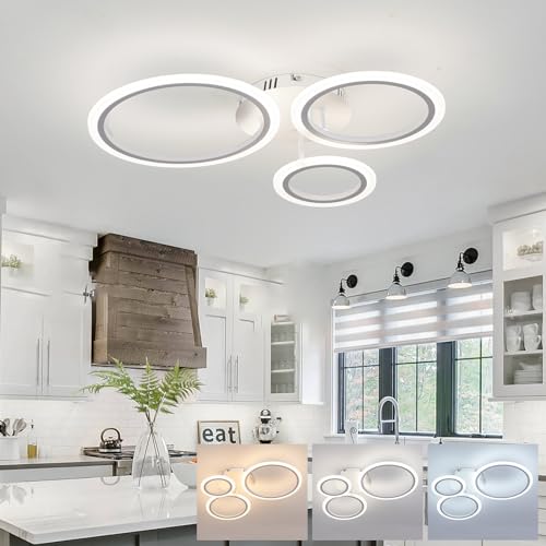 KeLuKes 59cm Moderne Led Deckenlampe Schlafzimmer, 3-Ring-Deckenlampen-Design, 46W Dimmbar Deckenleuchte mit Fernbedienung, 3000K-6000K, Weiß Küchendeckenlampe von KeLuKes