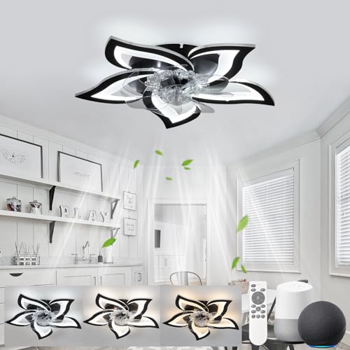 KeLuKes 65cm Deckenventilator mit Beleuchtung Leise, Blumen-Deckenleuchte mit Ventilator Kompatibel mit Alexa und Google Assistant, Timer Dimmbarer Ventilator mit Lampe für Schlafzimmer, Schwarz von KeLuKes