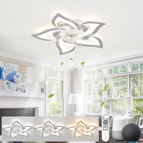 KeLuKes 65cm Deckenventilator mit Beleuchtung Leise, Blumen-Deckenleuchte mit Ventilator Kompatibel mit Alexa und Google Assistant, Timer Dimmbarer Ventilator mit Lampe für Schlafzimmer, Silber von KeLuKes