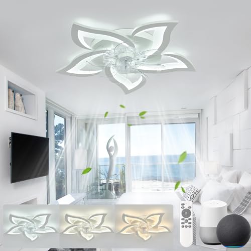 KeLuKes 65cm Deckenventilator mit Beleuchtung Leise, Blumen-Deckenleuchte mit Ventilator Kompatibel mit Alexa und Google Assistant, Timer Dimmbarer Ventilator mit Lampe für Schlafzimmer, Weiß von KeLuKes
