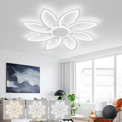 KeLuKes Deckenleuchte Dimmbar Mit Fernbedienung 90cm Moderne Wohnzimmerlampe Kompatibel mit Alexa Weiß Florale LED Deckenlampe Für Schlafzimmer Esszimmer von KeLuKes