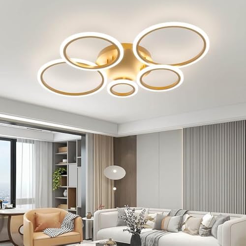 KeLuKes Modern Deckenleuchten 100cm, Deckerlampe 5-Ring-Design, Memory Funktion, Dimmbar Deckenleuchte für Schlafzimmer Wohnzimmer Küche Bücherzimmer, Gold von KeLuKes