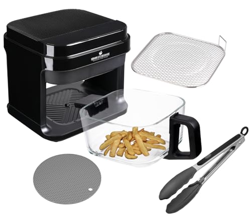 KHF-550 Heißluftfritteuse, 5,5 Liter,1.200W, Touchdisplay,Frittierkorb aus Glas ohne Beschichtung, Airfryer mit Zange und Silikonuntersetzer (KHF-550 Standardausführung) von KeMar Kitchenware